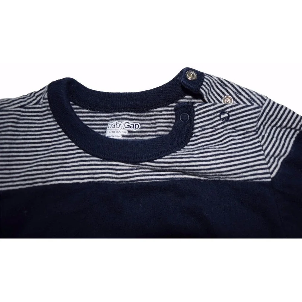 Baby Gap Boys Size 12 18 Months Long Sleeve Snaps White Stripe Blue Shirt EUC